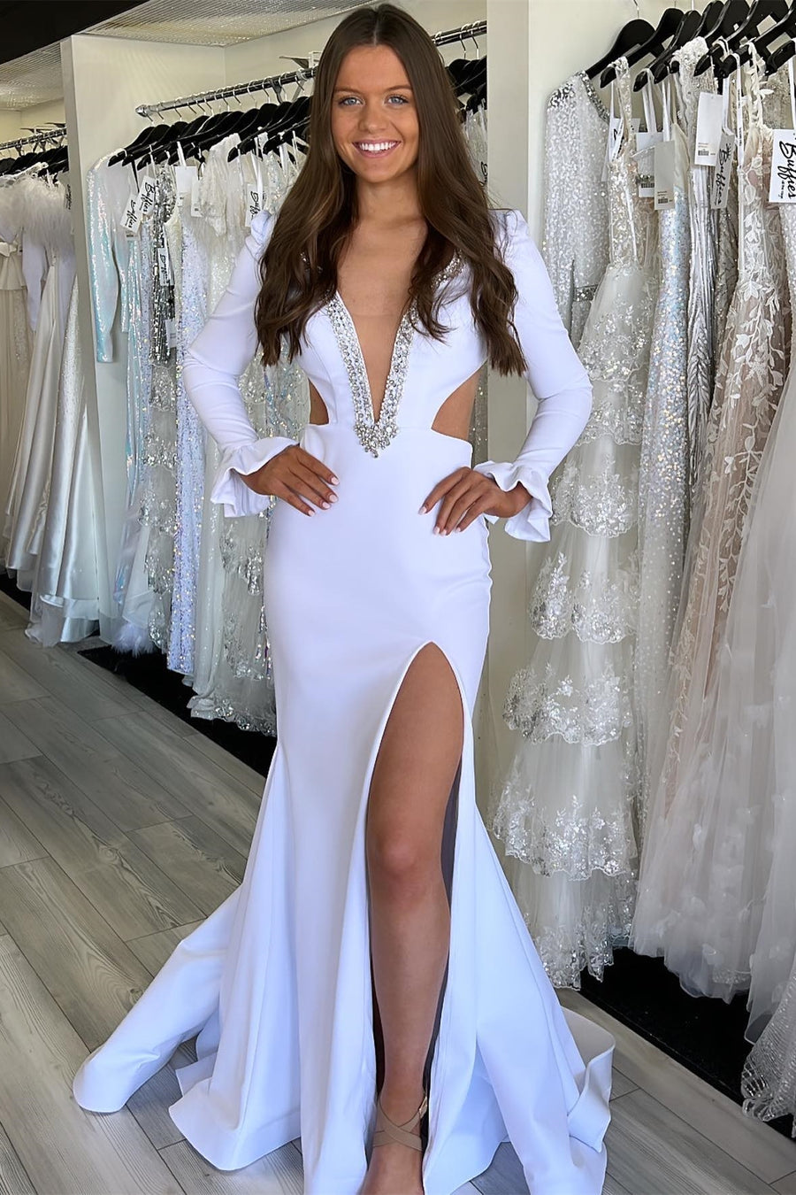 White Plunge V Cutout Mermaid Long Formal Gown with Long Sleeves