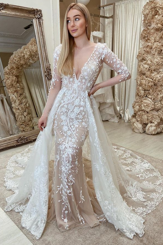 White Lace Backless Mermaid Wedding Dress with Attached Train Modsele White Lace Backless Mermaid Wedding Dress with Attached Train Modsele