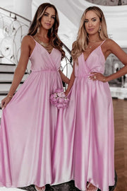 Pink Wrap Spaghetti Straps A-Line Long Bridesmaid Dress