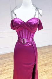 Magenta Sweetheart Belted A-Line Prom Dress with Slit