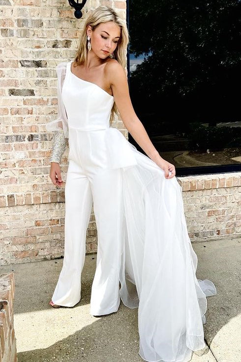 White One-Shoulder Jumpsuit with Attached Train