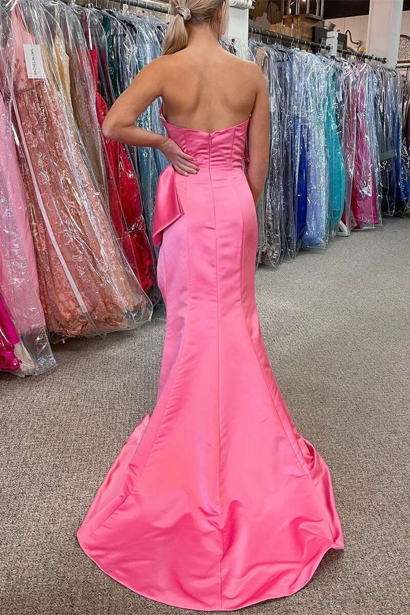 Pink Satin Strapless Mermaid Long Formal Dress with Big Bow