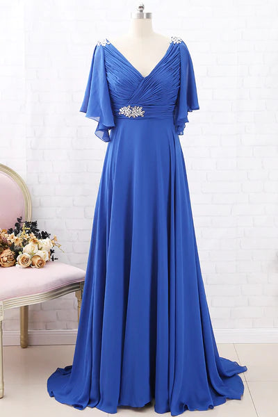 Royal Blue Chiffon V-Neck Ruffled Long Mother of the Bride Dress – Modsele