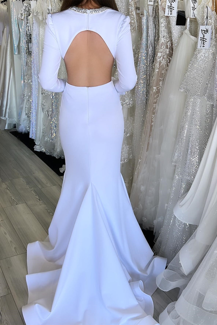 White Plunge V Cutout Mermaid Long Formal Gown with Long Sleeves