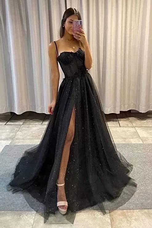 Black Floral Lace Straps A-Line Prom Dress with Slit Modsele Black Floral Lace Straps A-Line Prom Dress with Slit Modsele