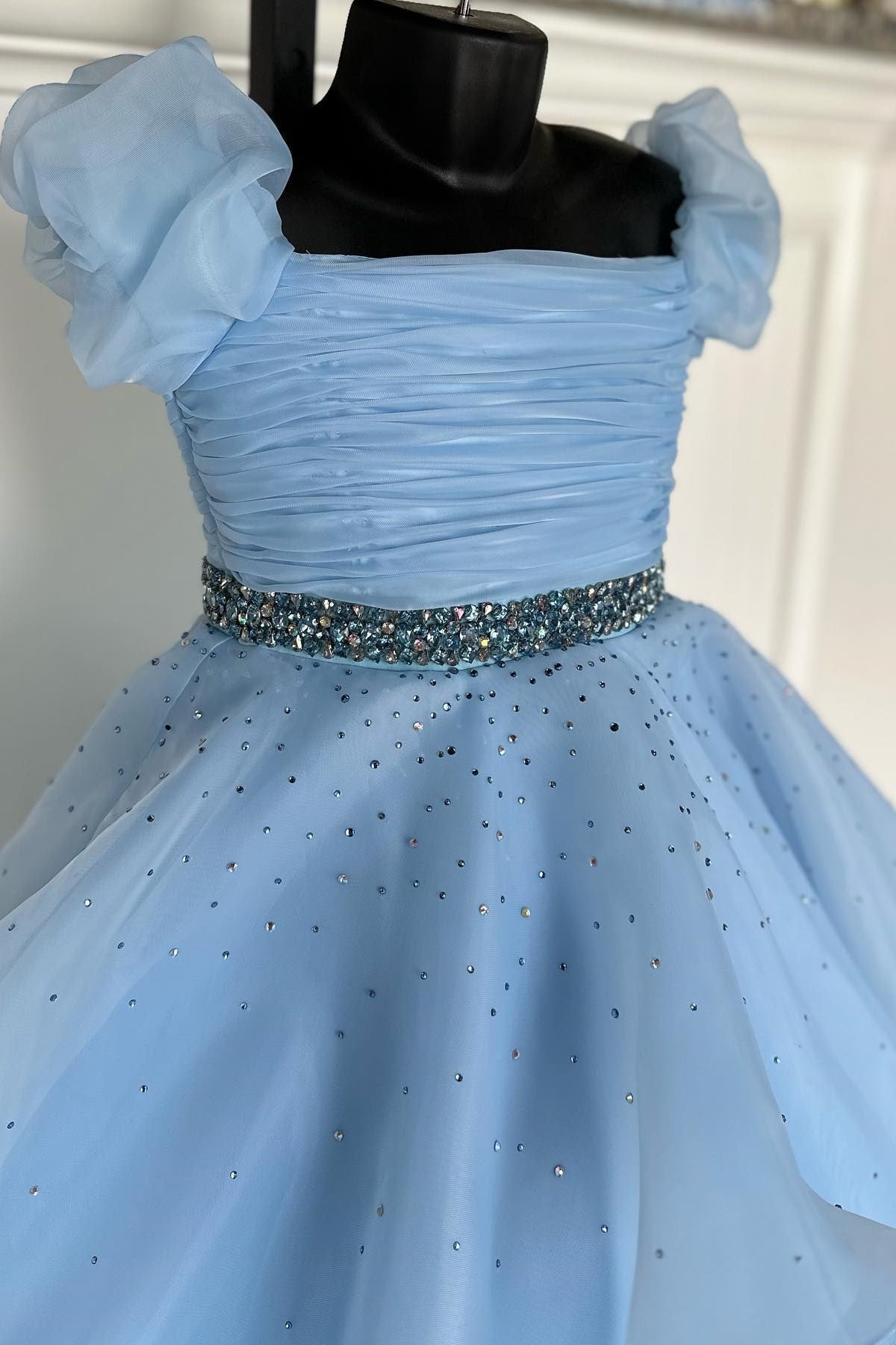 Cinderella Blue Multi-Layer Girl Pageant Dress with Puff Sleeves