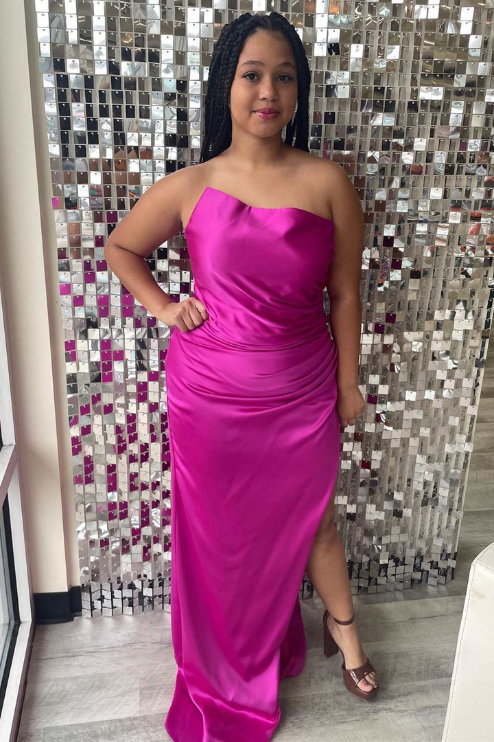 Olive Green Strapless Ruched Long Formal Dress with Slit