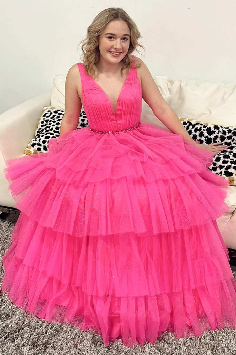 Hot Pink V-Neck Backless Belted Tiered A-Line Prom Dress