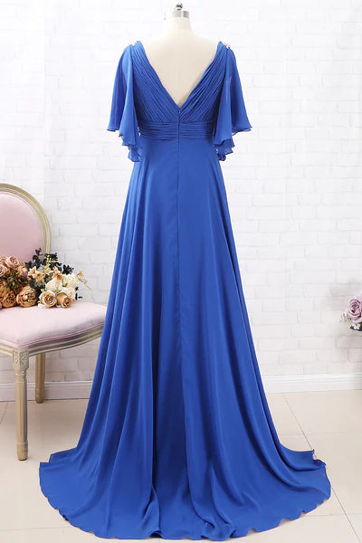 Royal Blue Chiffon V-Neck Ruffled Long Mother of the Bride Dress Modsele Royal Blue Chiffon V-Neck Ruffled Long Mother of the Bride Dress Modsele