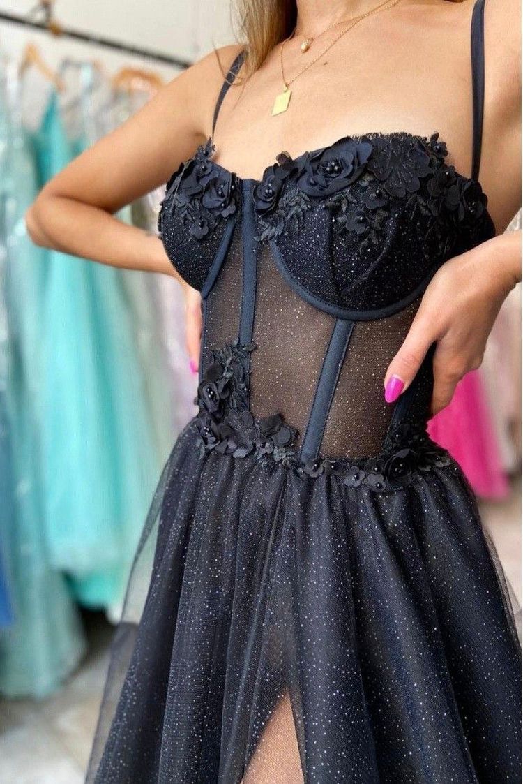 Black Floral Lace Straps A-Line Prom Dress with Slit Modsele Black Floral Lace Straps A-Line Prom Dress with Slit Modsele