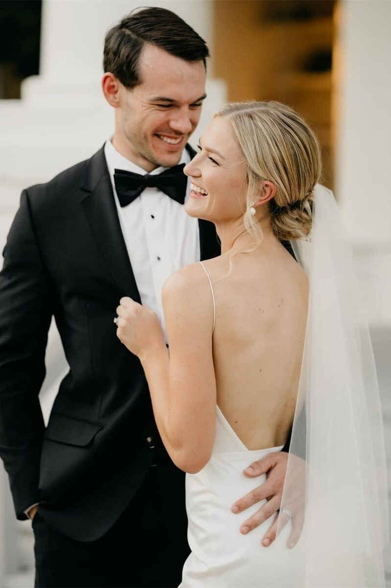 satin plunge wedding dress Elegant Simple Trumpet V Neck Ruched Soft Satin Wedding Dress with Slit Illusion Lace Train S3080W - Wedding Dresses