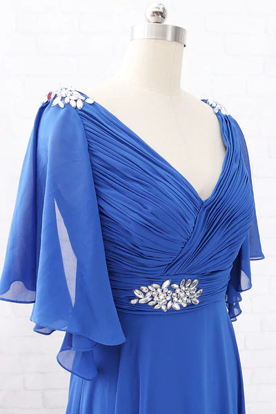 Royal Blue Chiffon V-Neck  Ruffled Long Mother of the Bride Dress