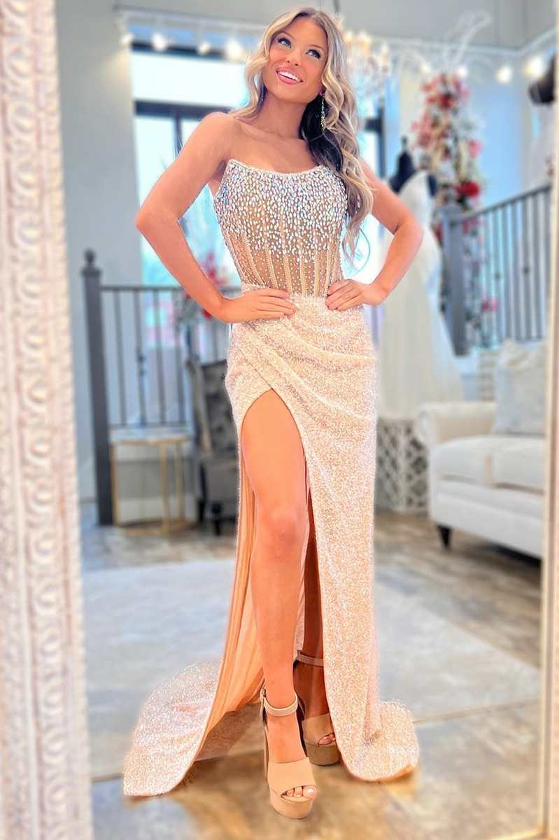 Champagne Beaded Strapless Mermaid Long Prom Dress with Slit Modsele Champagne Beaded Strapless Mermaid Long Prom Dress with Slit Modsele