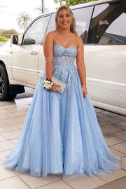 Light Blue Floral Lace Strapless A-Line Prom Dress