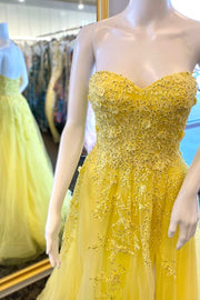 Yellow Floral Lace Sweetheart A-Line Prom Dress