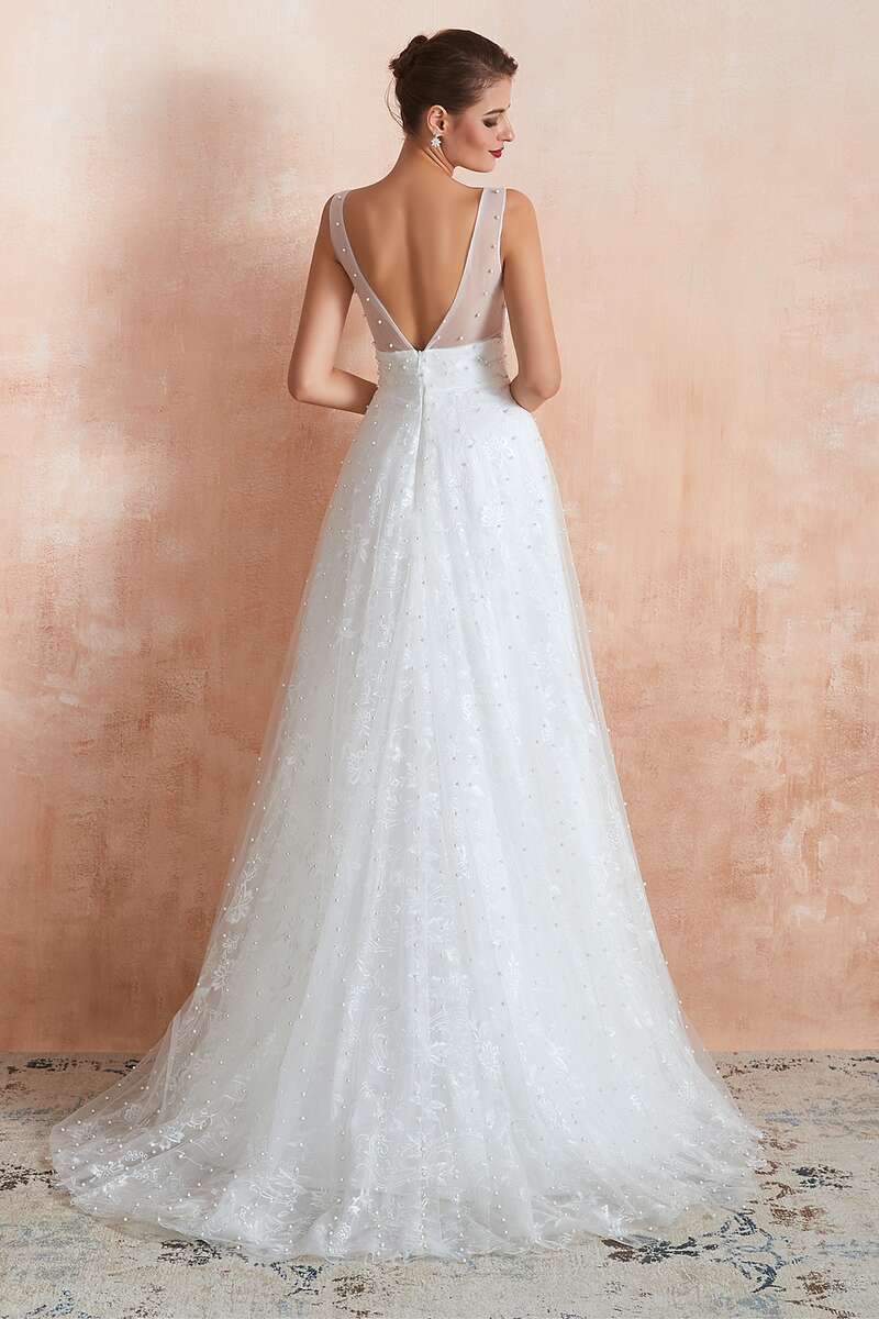 White Pearls V-Neck Backless A-Line Wedding Dress