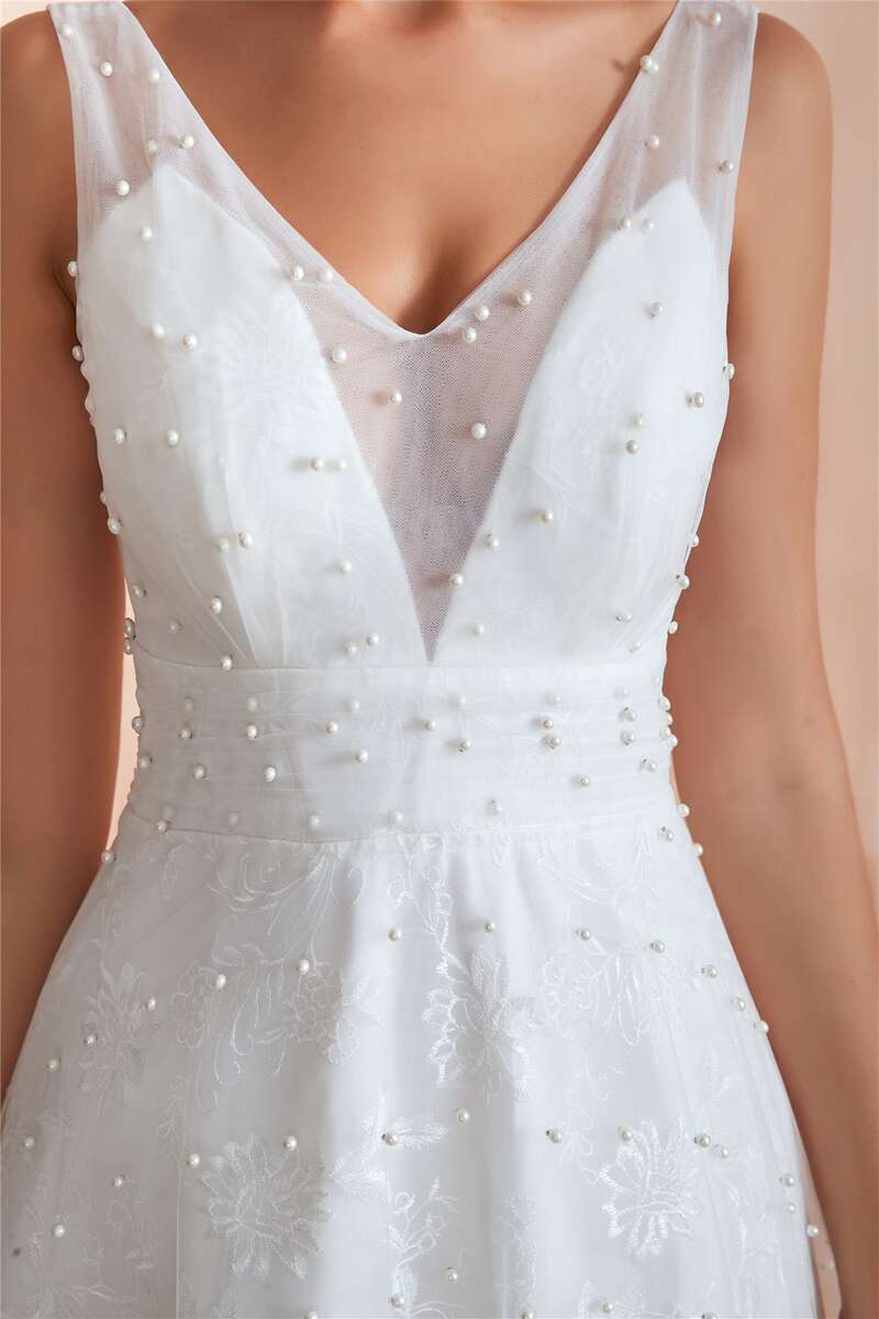 White Pearls V-Neck Backless A-Line Wedding Dress