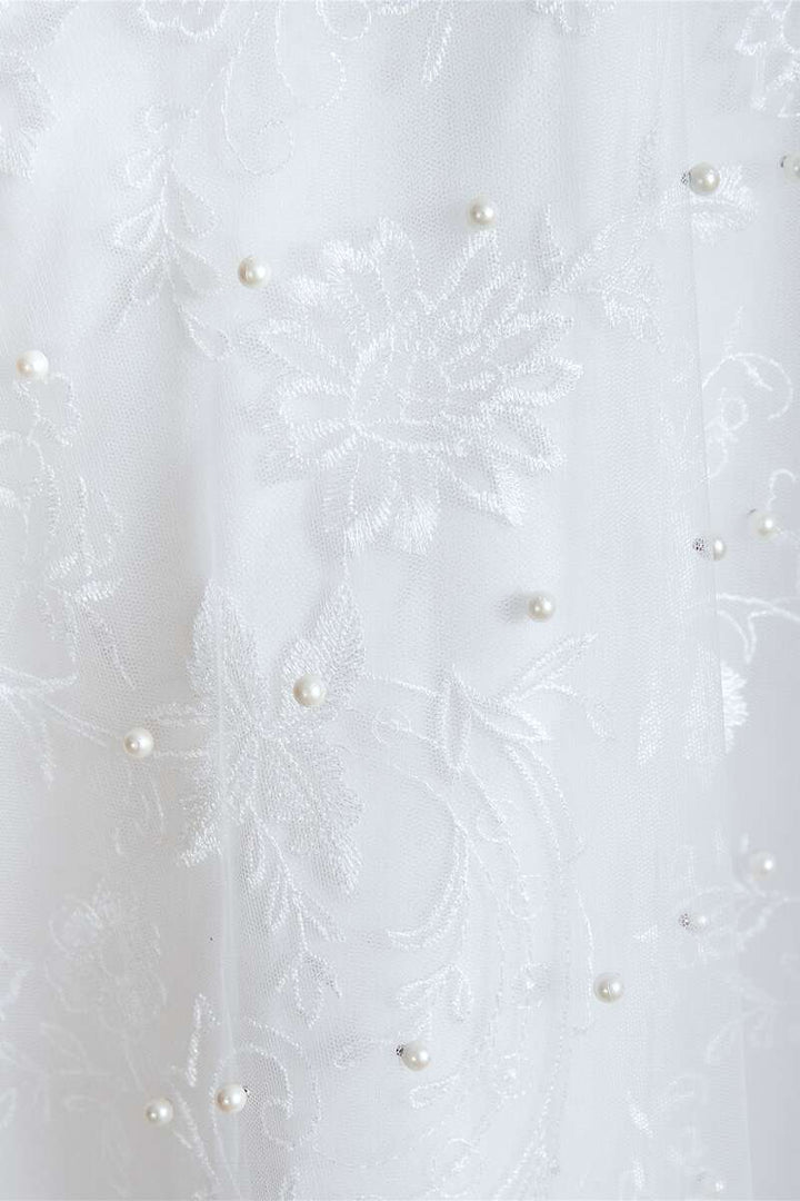 White Pearls V-Neck Backless A-Line Wedding Dress