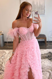 A-Line Sweet Pink Off-the-Shoulder Bustier Feather Prom Gown