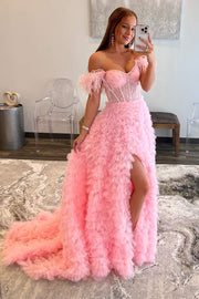A-Line Sweet Pink Off-the-Shoulder Bustier Feather Prom Gown