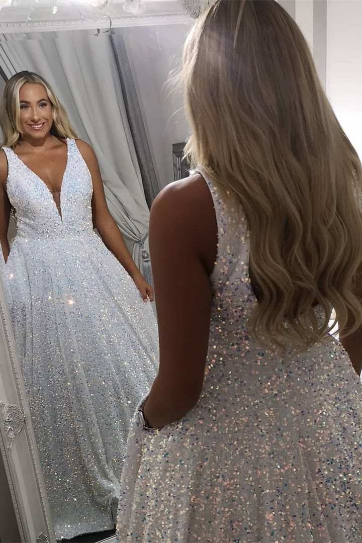 White Sequin V-Neck Backless A-Line Prom Dress