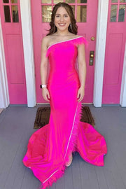 Neon Pink Feather One-Shoulder Long Prom Dress