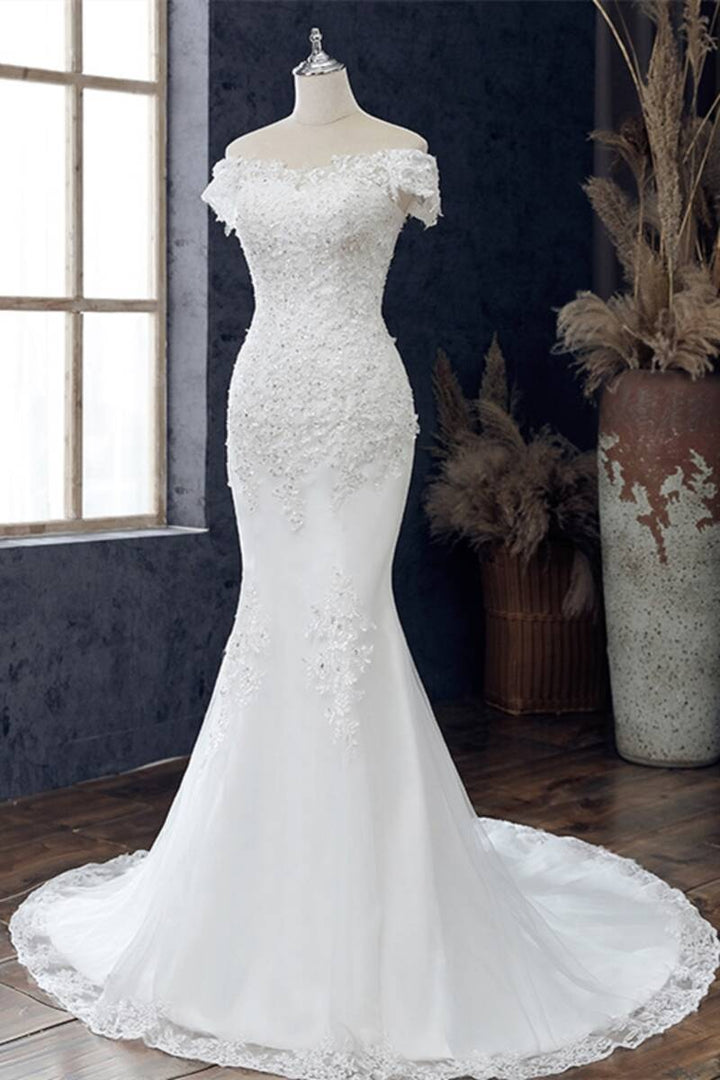 White Floral Lace Off-the-Shoulder Trumpet Wedding Dress
