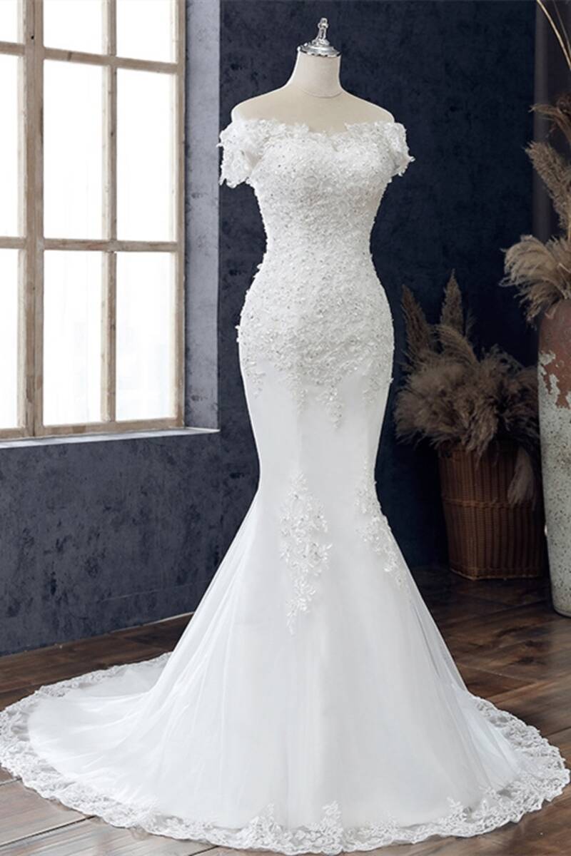 White Floral Lace Off-the-Shoulder Trumpet Wedding Dress