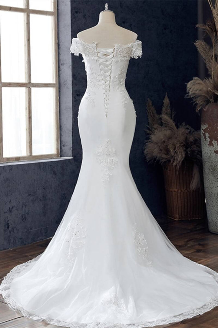 White Floral Lace Off-the-Shoulder Trumpet Wedding Dress