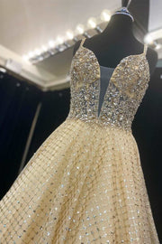 Fairy-Tale Yellow Beaded Plunge Neck A-Line Prom Gown