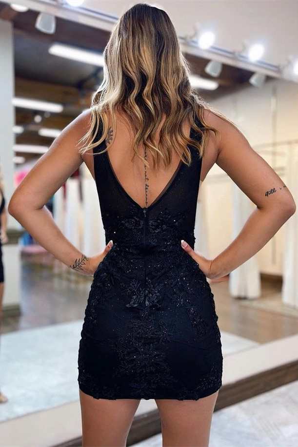 Black Floral Lace Plunging Neck Bodycon Homecoming Dress – Modsele