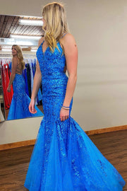 Stunning Blue Appliques Lace-Up Back Trumpet Long Prom Dress