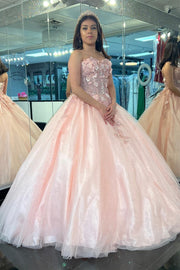 Pink 3D Floral Lace Strapless Ball Gown