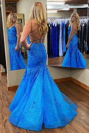 Stunning Blue Appliques Lace-Up Back Trumpet Long Prom Dress