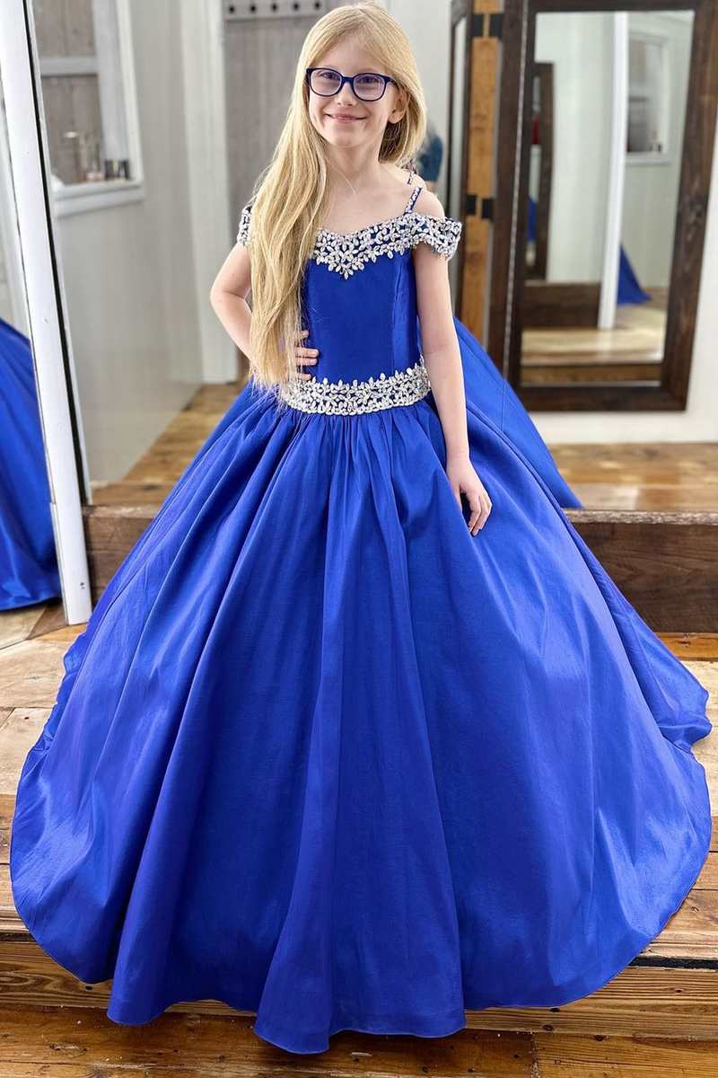 Royal Blue Beaded Cold-Shoulder Girl Pageant Dress