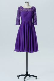Purple Embroidered Half Sleeves A-Line Short Bridesmaid Dress