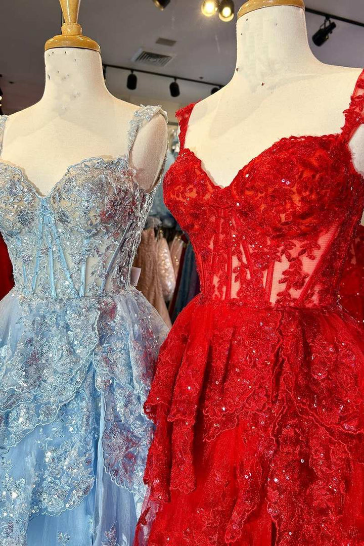 Fairytale Sequin-Embroidery Off-the-Shoulder Tiered Long Prom Dress with Slit