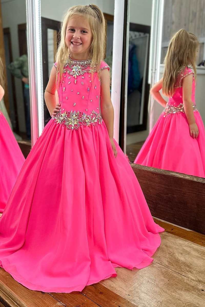 Barbie Pink Beaded Cap Sleeve Girl Pageant Dress