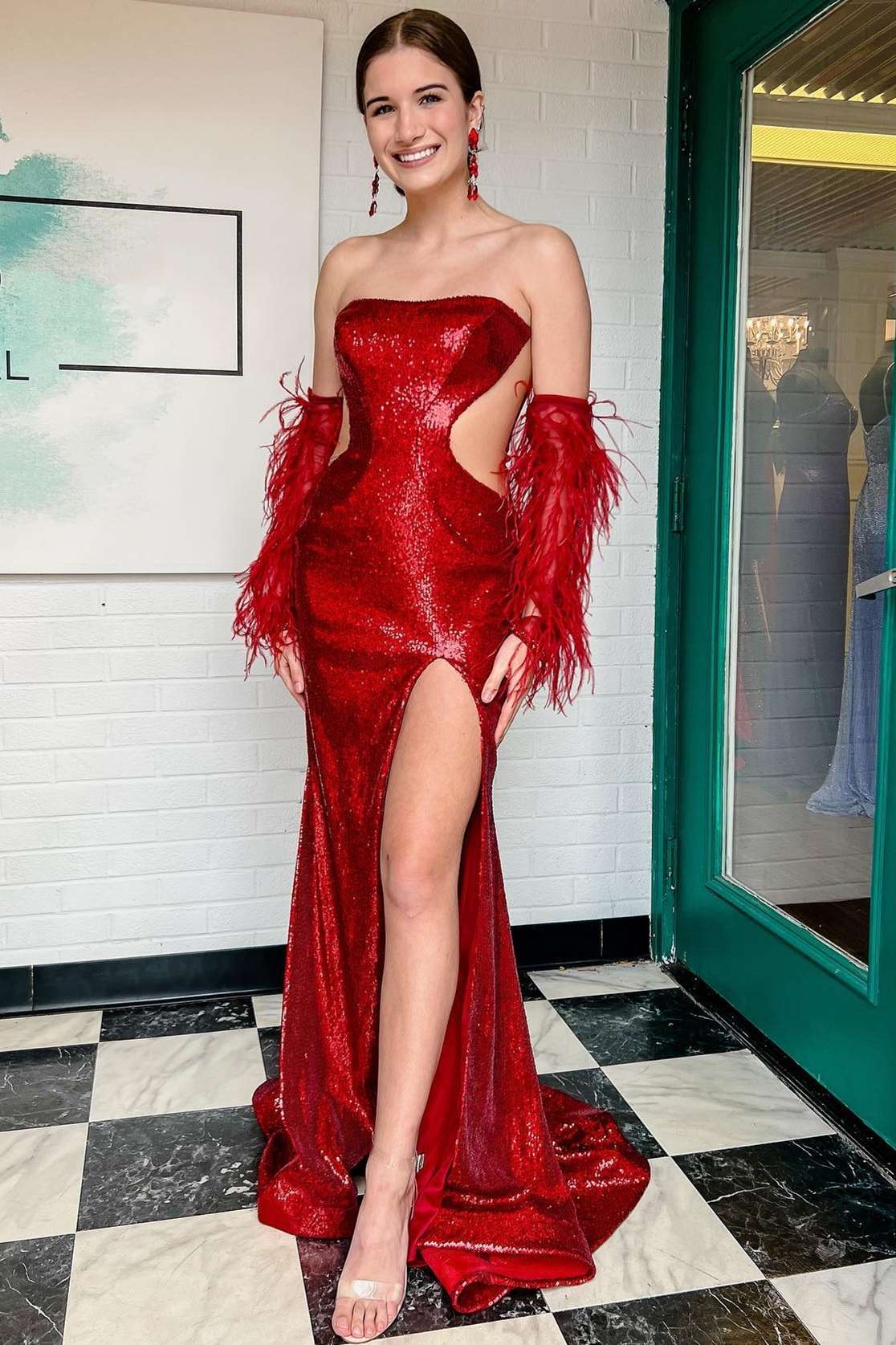 Sequin Feather Strapless Mermaid Long Prom Dress with Slit