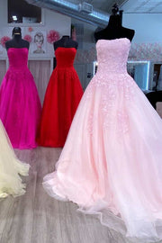 Barbie Pink Floral Lace Strapless A-Line Prom Dress