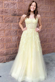 Yellow Tulle Applique Lace-Up A-Line Long Prom Dress