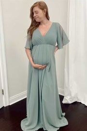 Sage Green V-Neck Ruffles Sleeve Pregnant Bridesmaid Dress