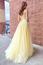 Yellow Tulle Applique Lace-Up A-Line Long Prom Dress