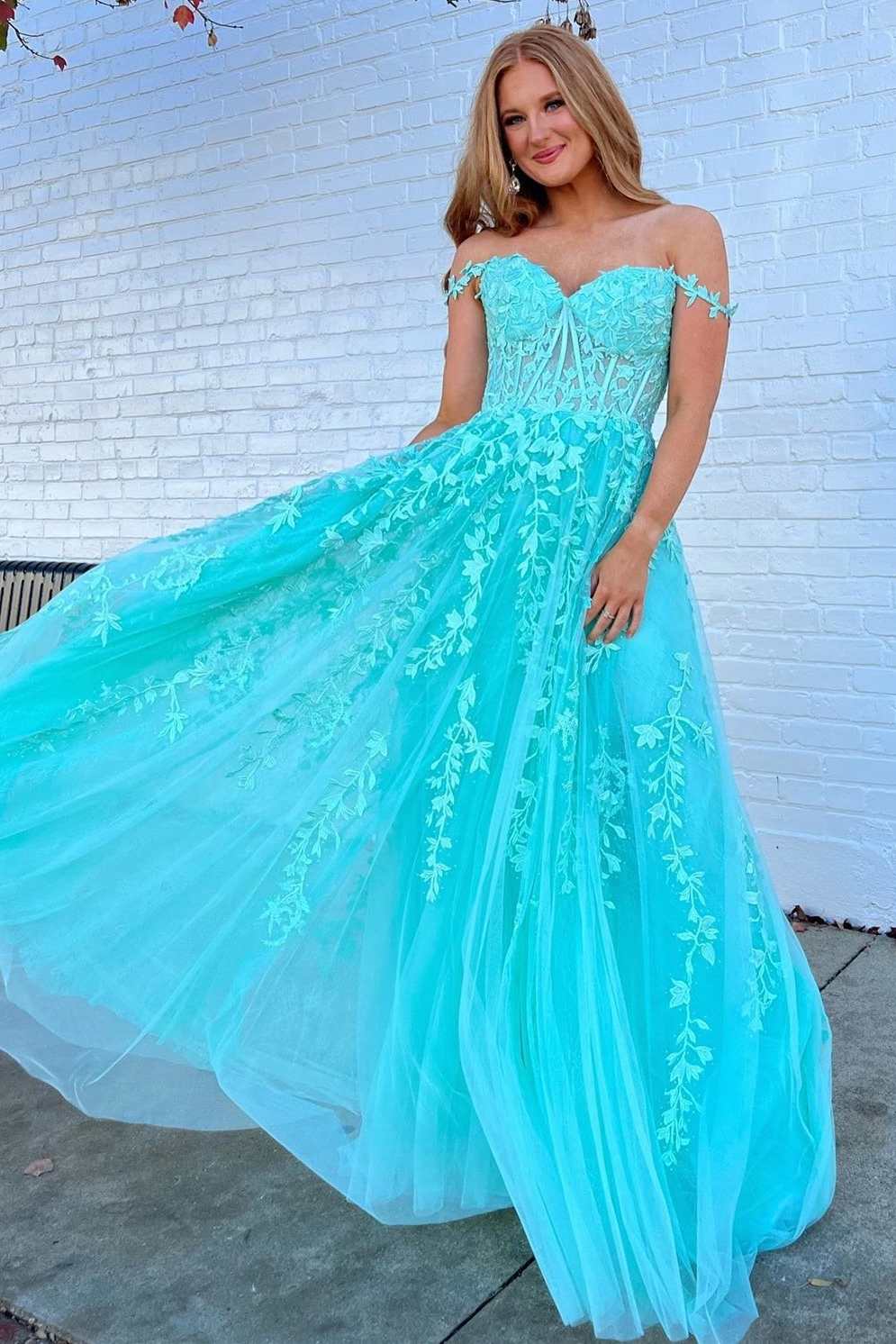 Aqua Floral Lace Sweetheart A-Line Prom Dress Modsele Aqua Floral Lace Sweetheart A-Line Prom Dress Modsele
