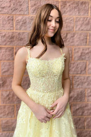 Yellow Tulle Applique Lace-Up A-Line Long Prom Dress