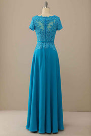 Blue Lace Short Sleeve Long Mother of the Bride Dress