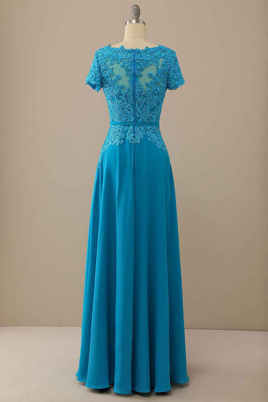 Blue Lace Short Sleeve Long Mother of the Bride Dress