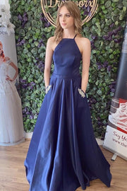 Navy Blue Satin Lace-Up Back A-Line Prom Dress
