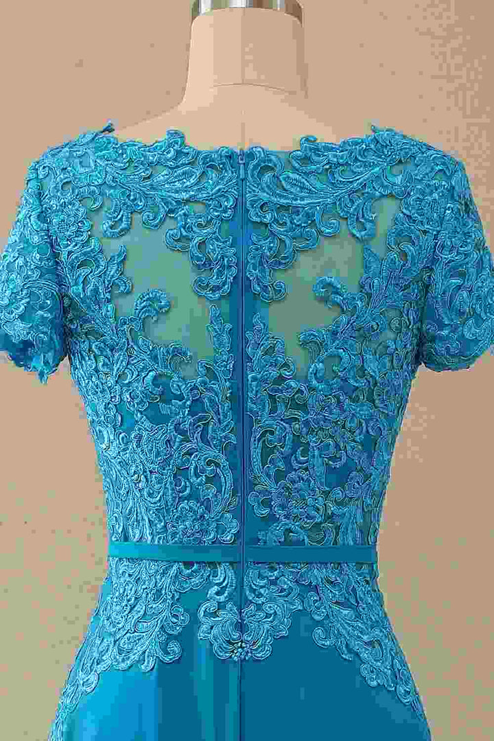 Blue Lace Short Sleeve Long Mother of the Bride Dress