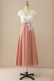 Coral Pink Lace Cap Sleeve Mother of the Bride Dress